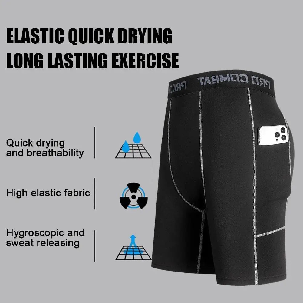 High Performance Men's Compression Short Pants With Pocket Elastic Quick Dry Breathable Stretchy Base Layer For Sports Gym