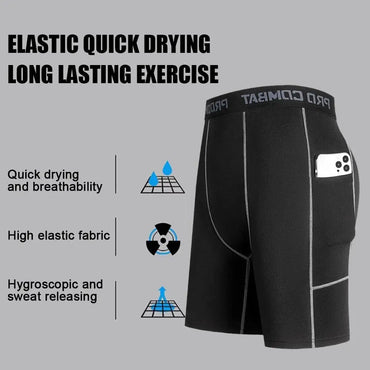 High Performance Men's Compression Short Pants With Pocket Elastic Quick Dry Breathable Stretchy Base Layer For Sports Gym