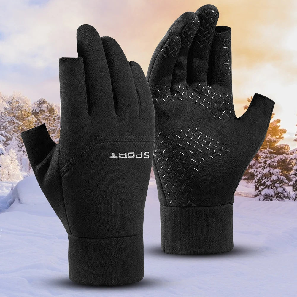 2-Fingerless Winter Cycling Gloves Touch Screen Outdoor Anti-Slip Gloves Windproof Motorcycle Cold Gloves for Men Women
