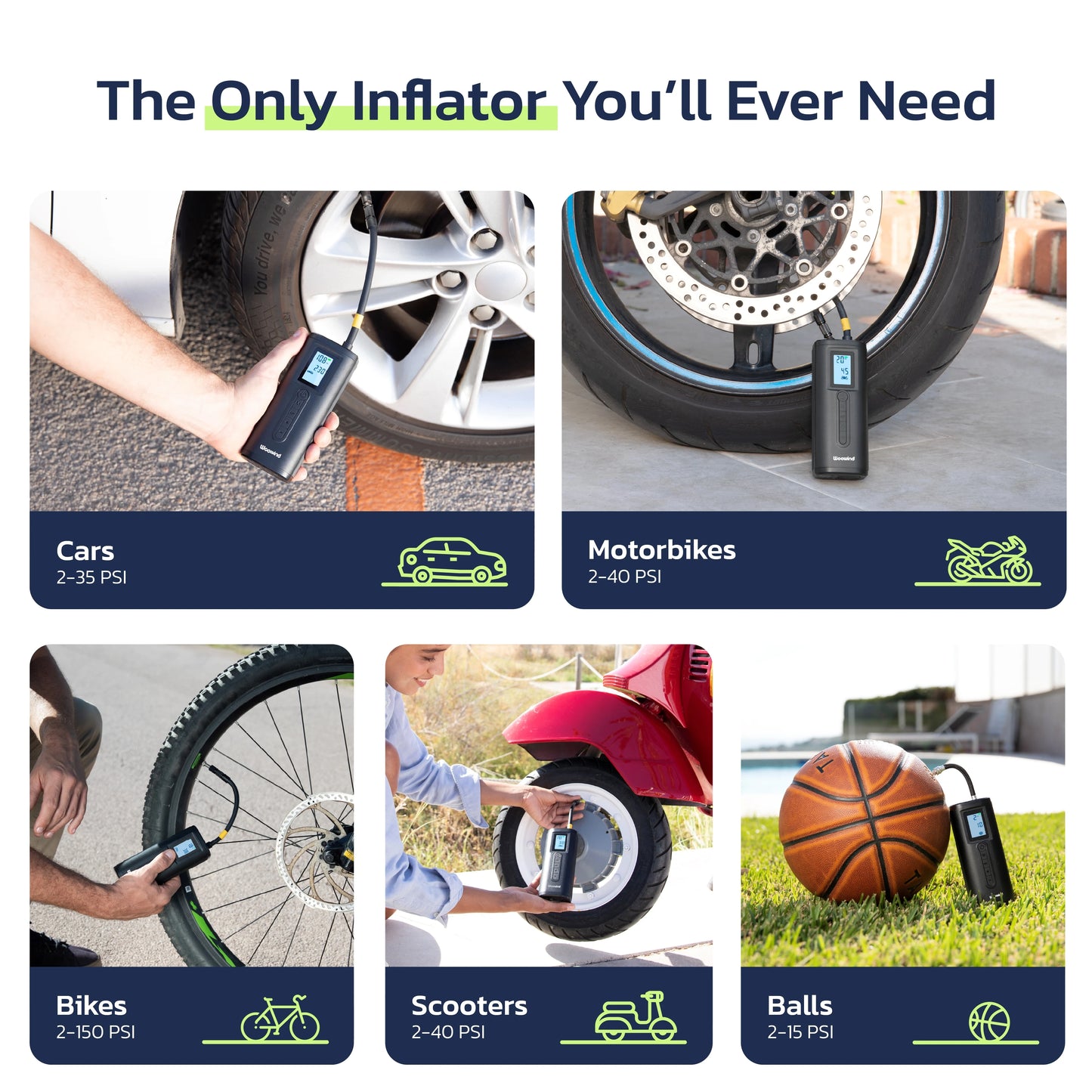 Woowind AP2-P Tire Inflator Portable Air Compressor 150PSI Air Pump for Car Tires, Bike Pump, Auto Stop, Quick Inflation