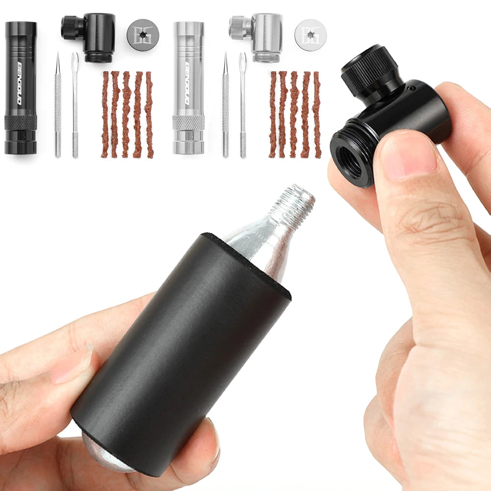 CO2 Bicycle Pump with Tubeless Tire Repair Tool Schrader & Presta Valve Portable Tire Inflator Aluminum Alloy for MTB Road Bike