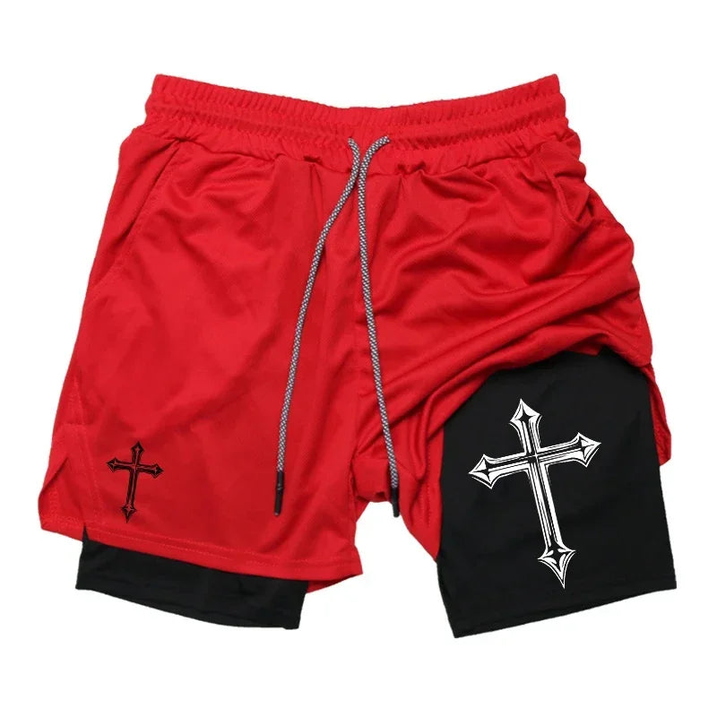 Men's cross printed 2-in-1 training shorts with compression lining Christian gym sports shorts phone pocket towel buckle run