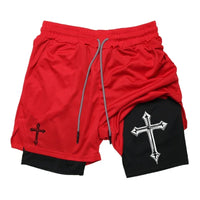 Men's cross printed 2-in-1 training shorts with compression lining Christian gym sports shorts phone pocket towel buckle run