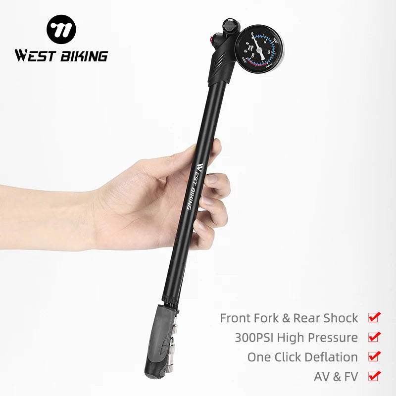 WEST BIKING Portable High-pressure 300psi Bike Air Pump with Gauge for Fork & Rear Suspension Shock Absorber Mountain Bicycle