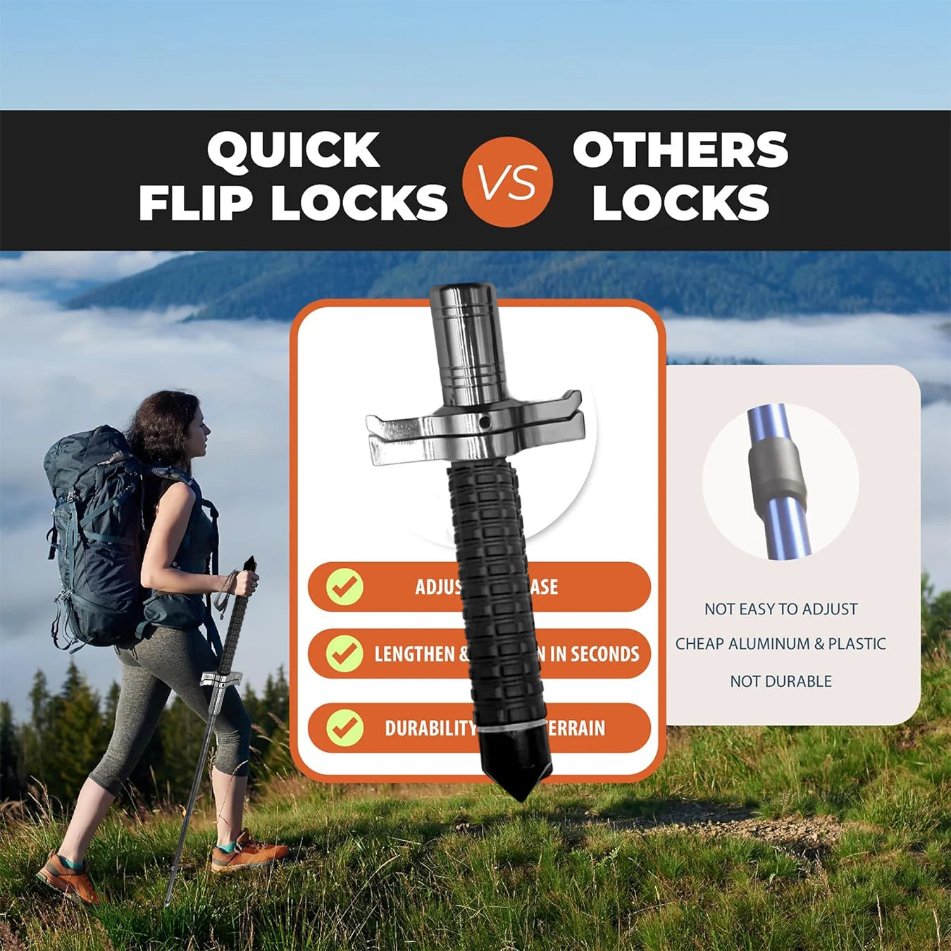 26-37-inch telescopic stainless steel walking stick with anti-slip design, suitable for challenging outdoor terrain and offering