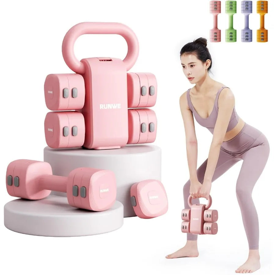 Lightweight Adjustable Dumbbell Kettlebell Set - 4 in 1 Free Weight Set with Kettlebell Grip Converter, Each 2.2 3.3 4.4 5.5lb Q