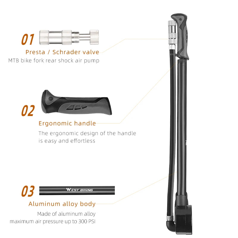 WEST BIKING Portable High-pressure 300psi Bike Air Pump with Gauge for Fork & Rear Suspension Shock Absorber Mountain Bicycle