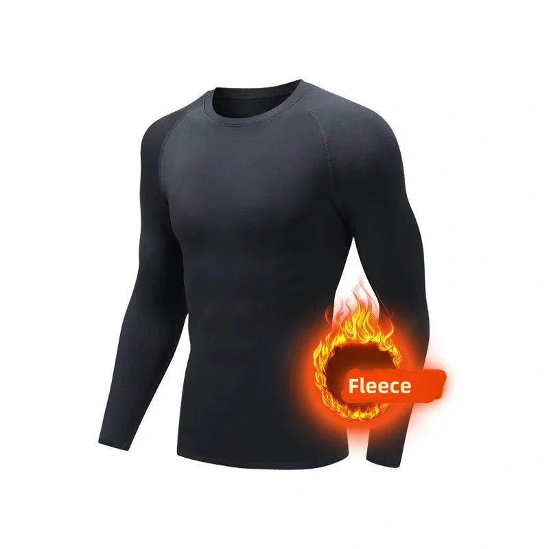 Winter Fleece Tees Compression Thermal Underwear Warm Mens Skiing Sports Tops Long Sleeve Solid Running T-Shirts
