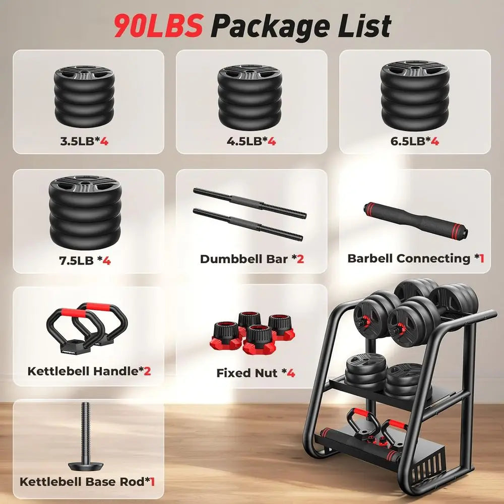 Versatile 5-in-1 Adjustable Dumbbell Set: 20-90lbs, Upgraded Nut, Kettlebell, Bar, Push Up Stand for Fitness Enthusiasts