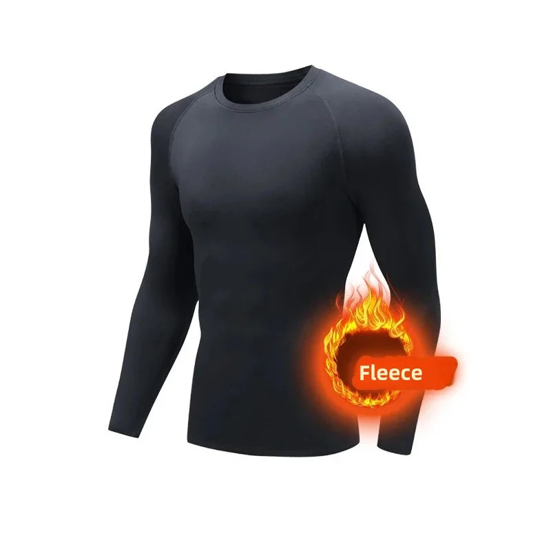 Winter Fleece Tees Compression Thermal Underwear Warm Mens Skiing Sports Tops Long Sleeve Solid Running T-Shirts