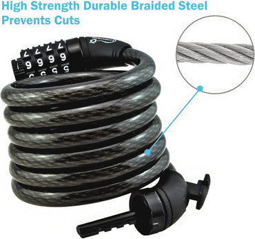 6ft Heavy Duty Bike Cable Locks 2 Pack with Combination & Mounting Bracket - Anti-Theft Black