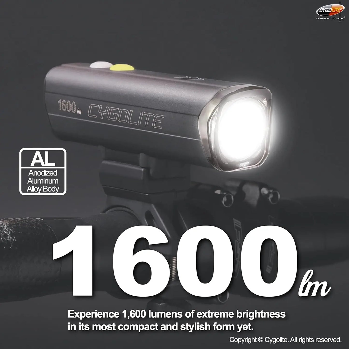 Velocity 1600-800 Lumen USB-C Bike Light, 9 Modes, IP67 Waterproof, Compact Hard Mount