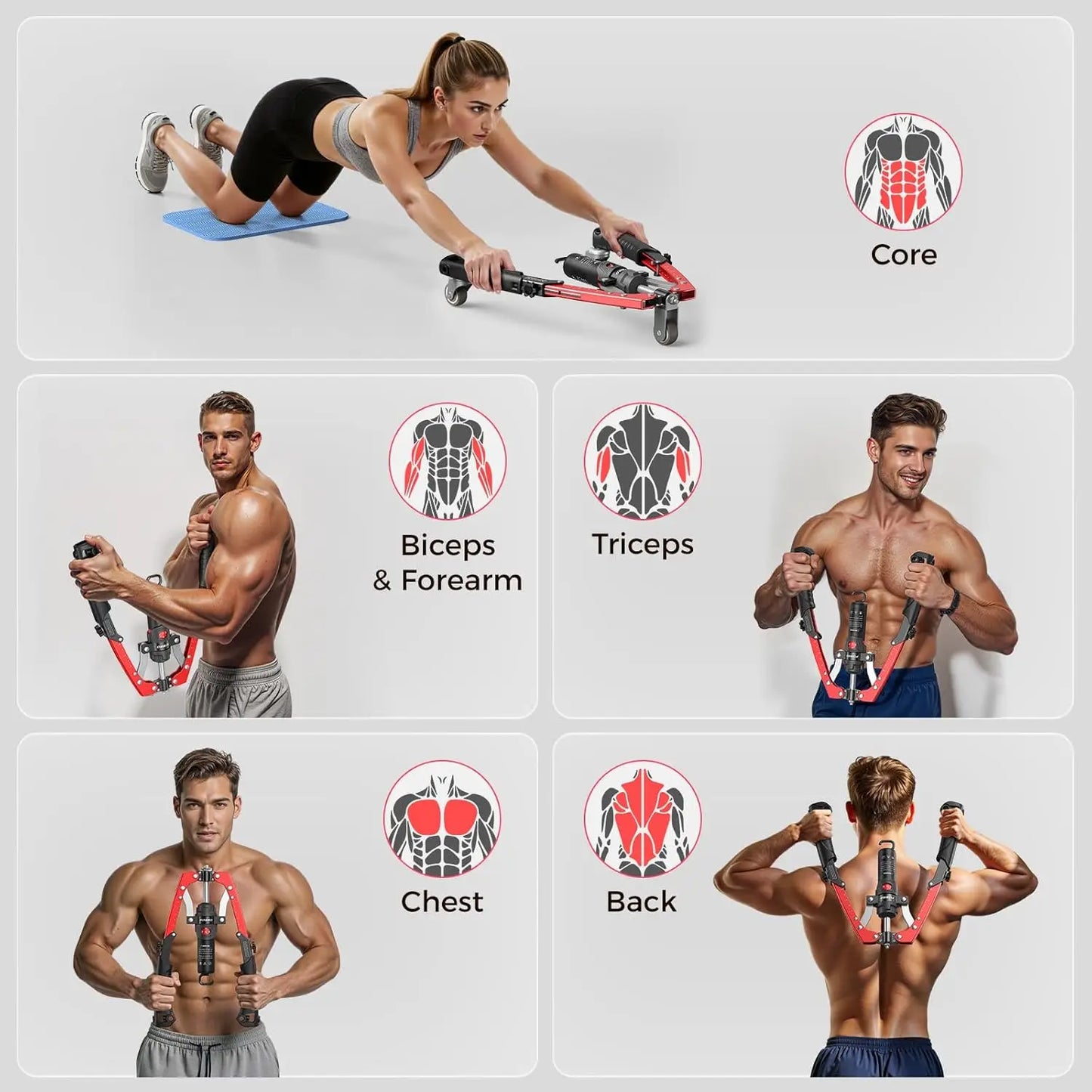 Hydraulic Core Twister & Chest Trainer with Ab Roller, Adjustable 22-440lbs Strength Equipment (Backpack & Pad)