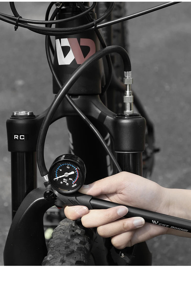 WEST BIKING Portable High-pressure 300psi Bike Air Pump with Gauge for Fork & Rear Suspension Shock Absorber Mountain Bicycle