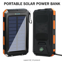 20000mAh Solar Charger Waterproof Portable Solar Power Bank Dual 5V USB Ports 2 LED Flashlight Compass for Outdoor Camping Hik
