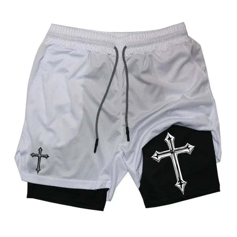 Men's cross printed 2-in-1 training shorts with compression lining Christian gym sports shorts phone pocket towel buckle run