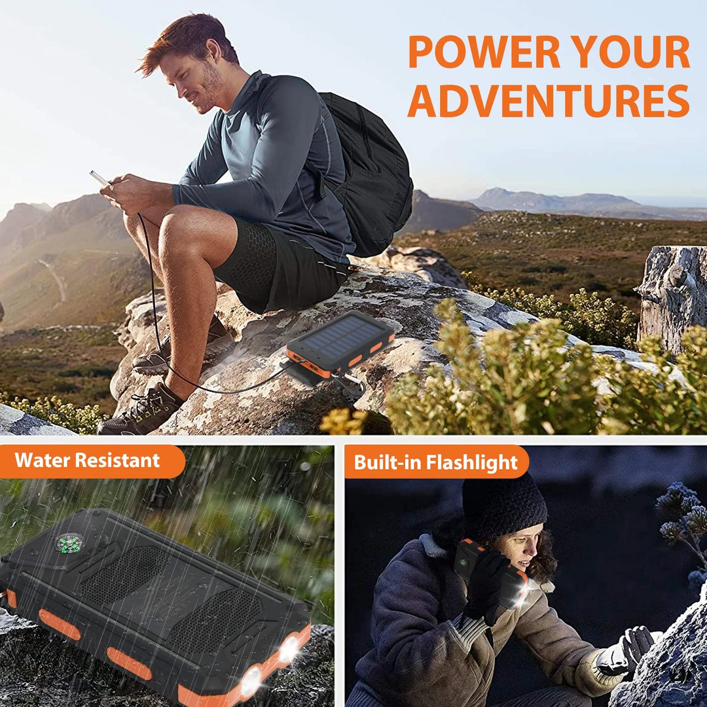 20000mAh Solar Charger Waterproof Portable Solar Power Bank Dual 5V USB Ports 2 LED Flashlight Compass for Outdoor Camping Hik