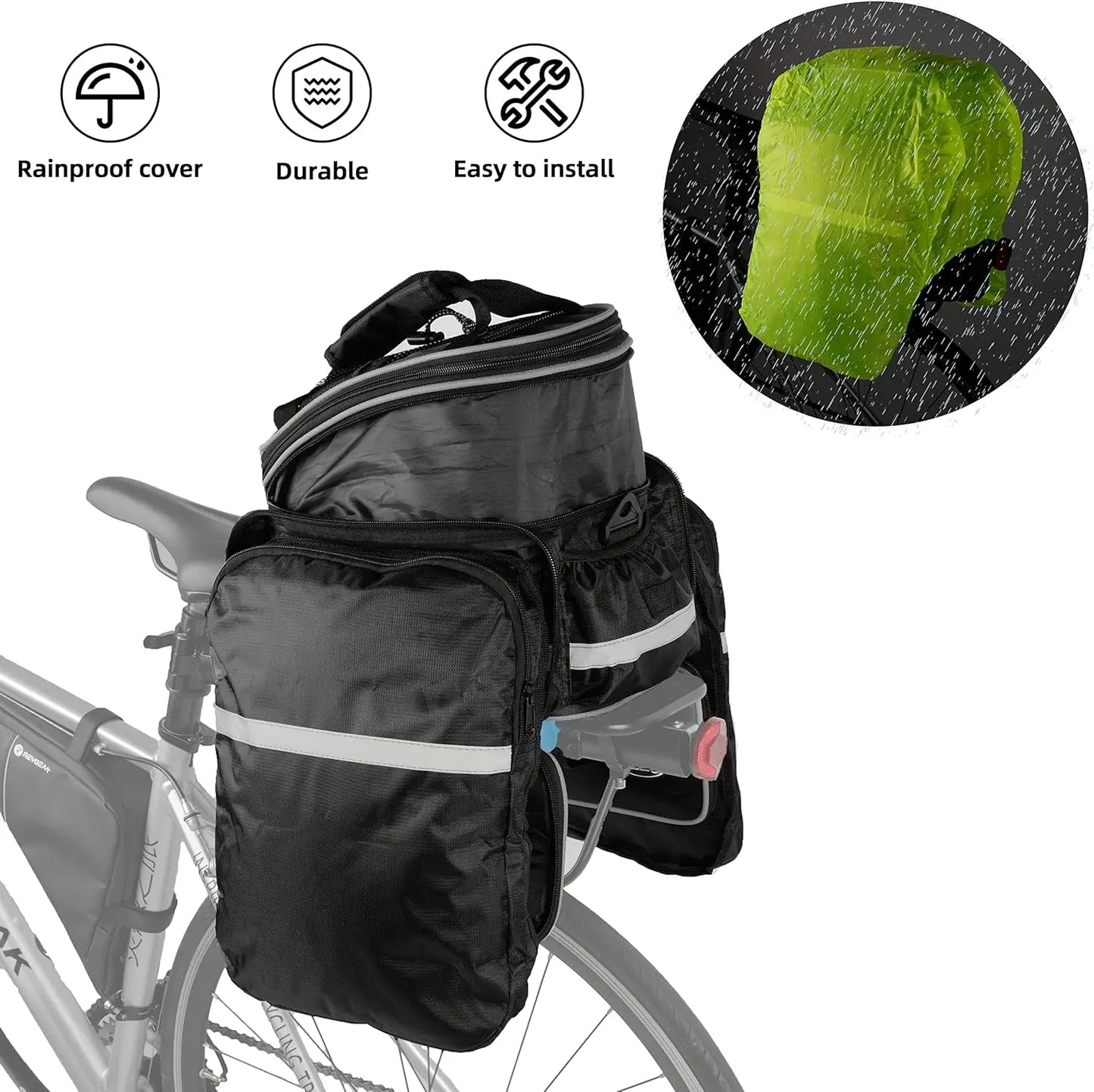 Bike Rack Bag 25L Polyester Saddle Trunk with Rainproof Cover, Large Capacity Shoulder Panniers for Adults
