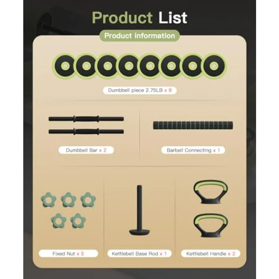 Adjustable Dumbbell Set 22LBS (Total Weight of Plates), 5-in-1 Free Weight Dumbbell Set Used as Dumbbell，Kettlebell,Barbell, Pus