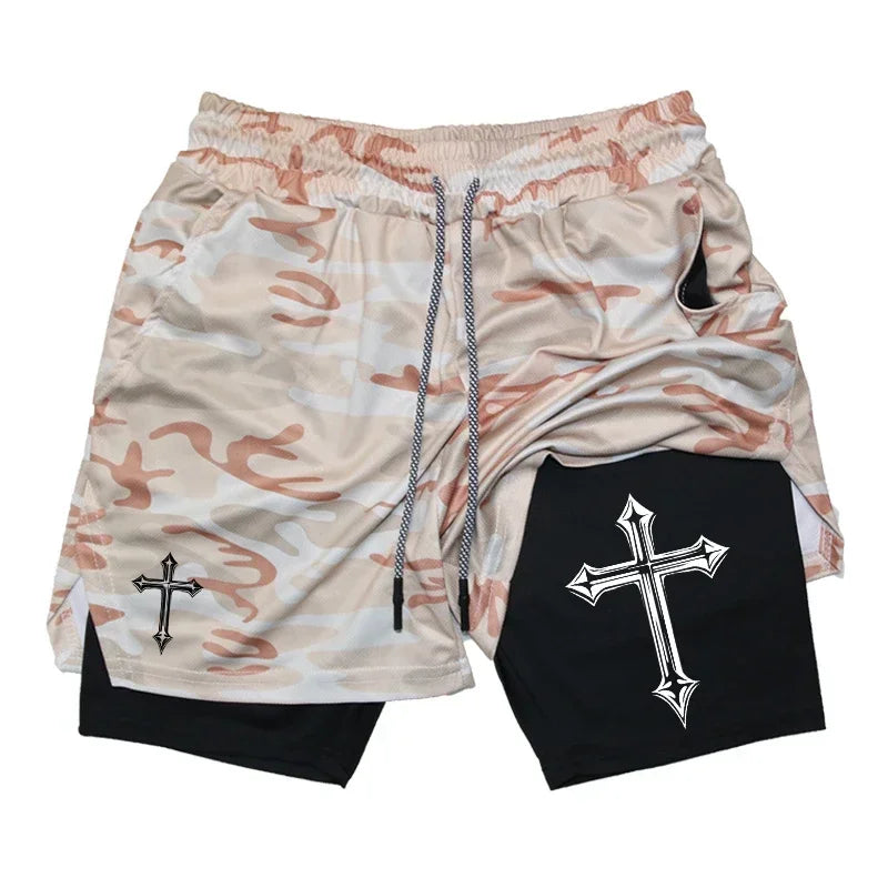 Men's cross printed 2-in-1 training shorts with compression lining Christian gym sports shorts phone pocket towel buckle run