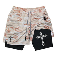 Men's cross printed 2-in-1 training shorts with compression lining Christian gym sports shorts phone pocket towel buckle run