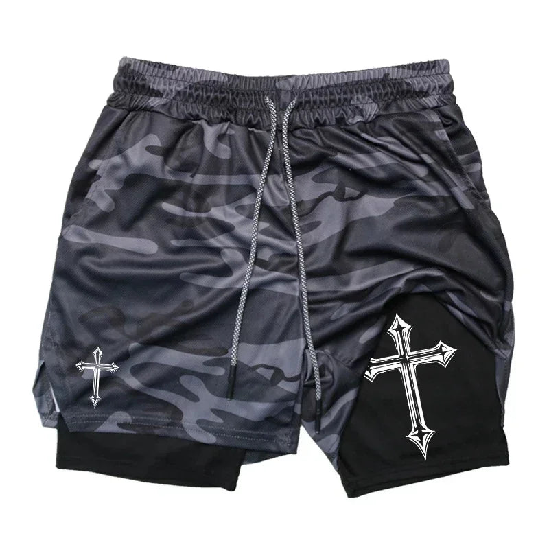 Men's cross printed 2-in-1 training shorts with compression lining Christian gym sports shorts phone pocket towel buckle run