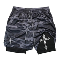 Men's cross printed 2-in-1 training shorts with compression lining Christian gym sports shorts phone pocket towel buckle run