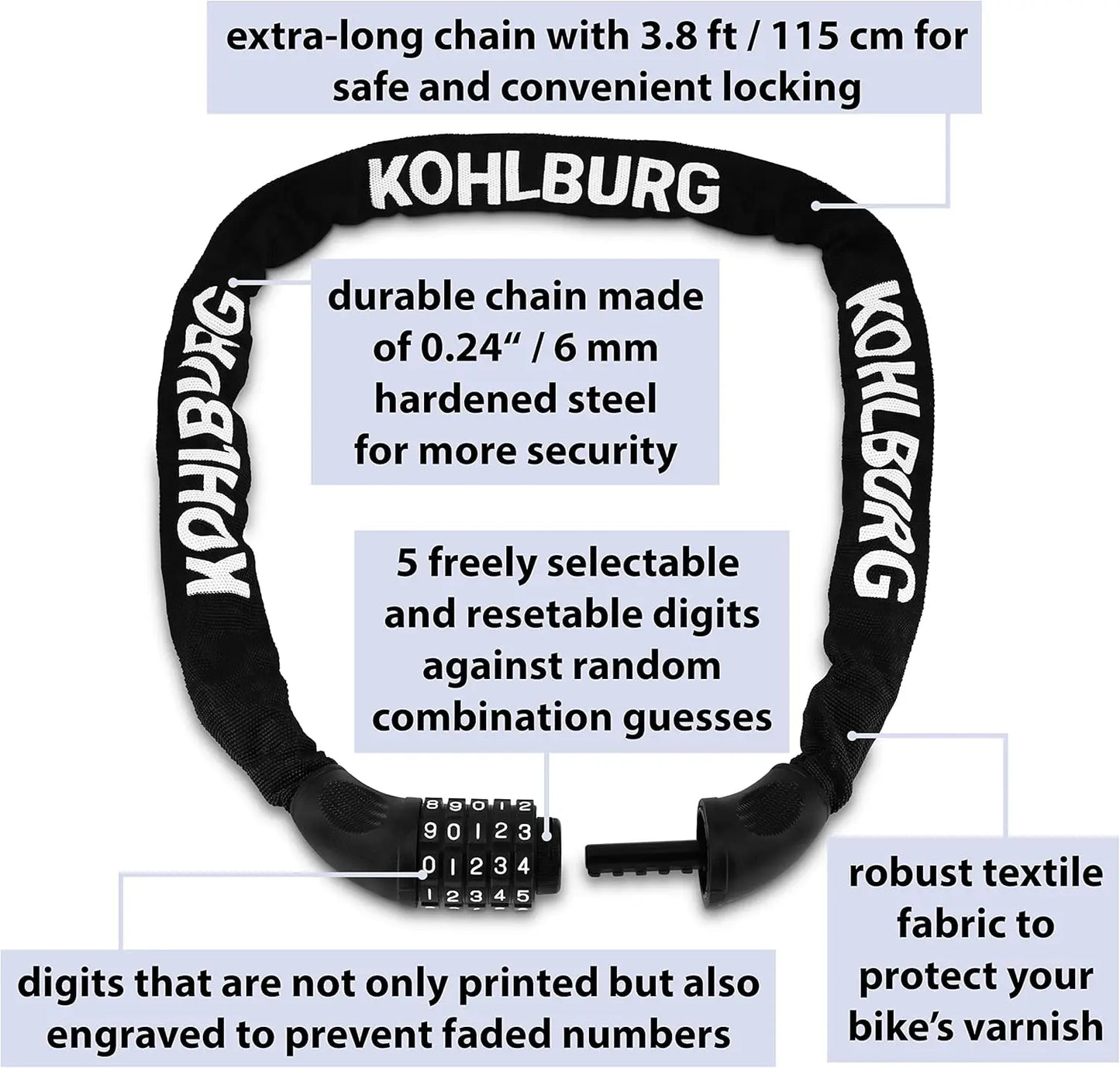 Extra Long 3.8 ft Bike Combination Lock - 5-Digit Secure Chain Lock for Bicycle & e-Bike
