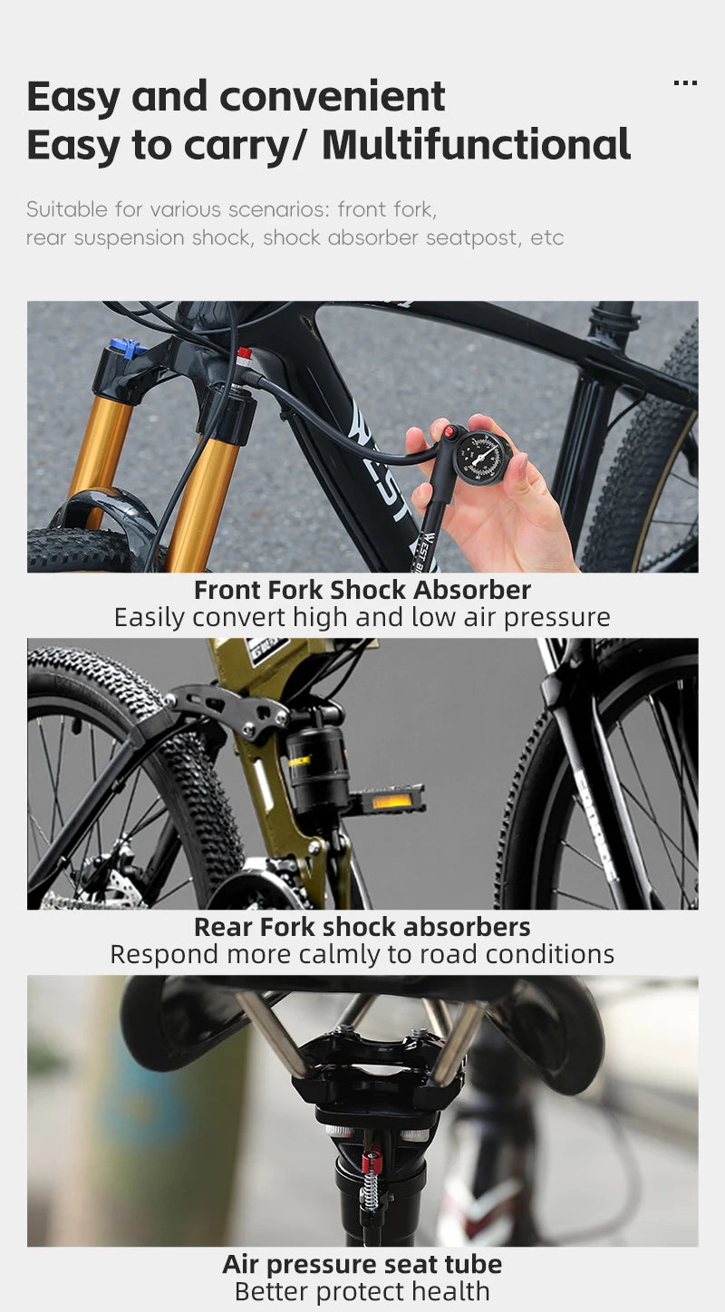 WEST BIKING 400PSI Bicycle Air Pump High Pressure MTB Bicycle Pump Front Fork Rear Suspension Pressure Gauge Schrader Valve