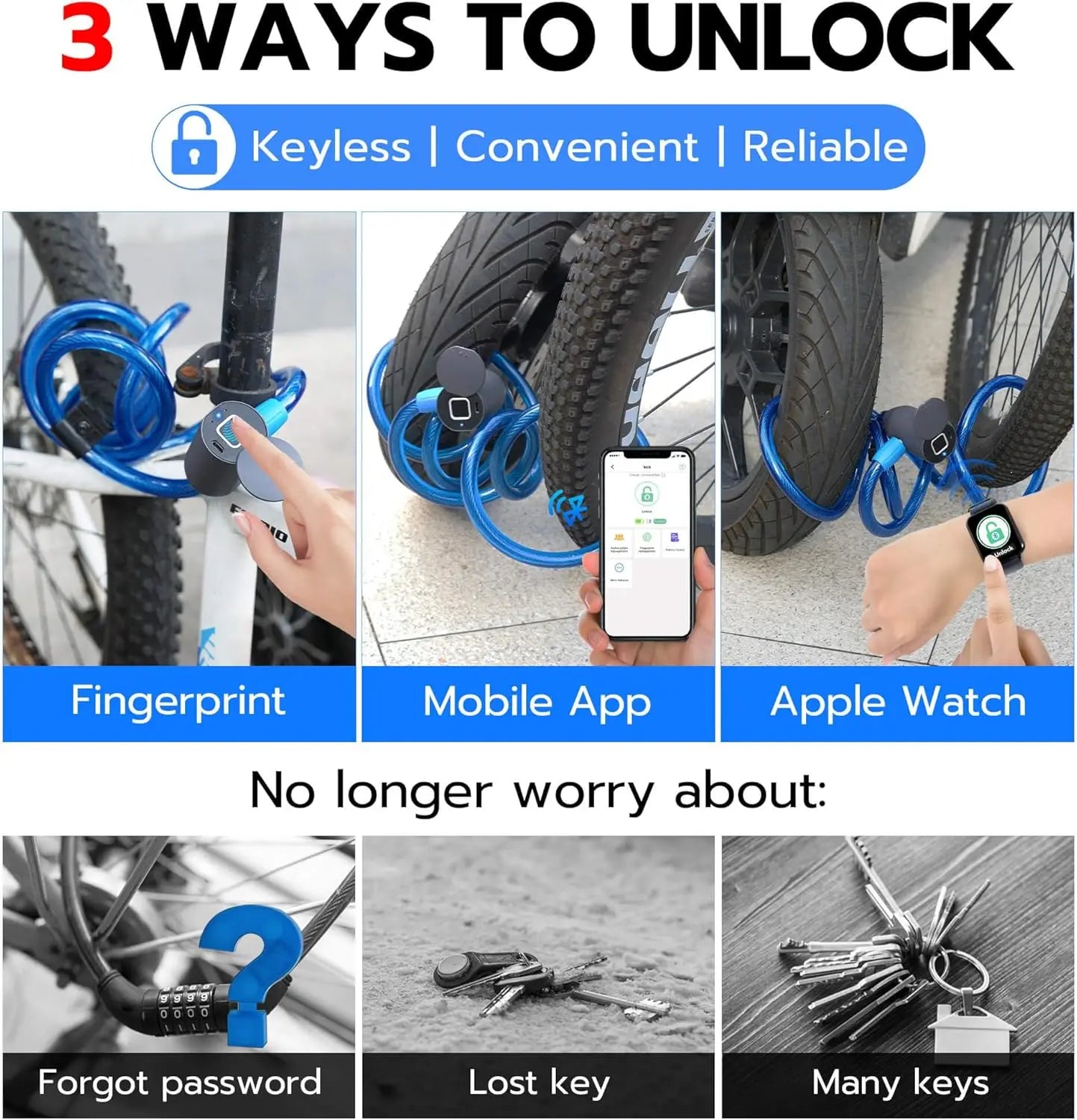 Fingerprint Cable Lock, 4.9FT Heavy Duty Anti-Theft Smart Bike Lock, Keyless Biometric Bluetooth App Lock for Bicycle Scooter