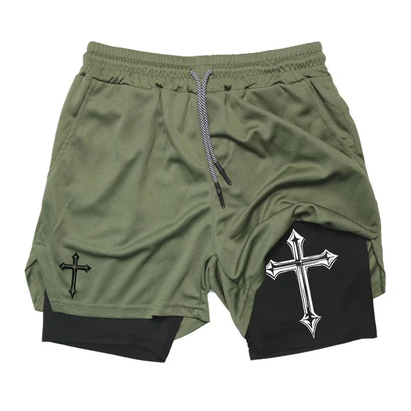 Men's cross printed 2-in-1 training shorts with compression lining Christian gym sports shorts phone pocket towel buckle run