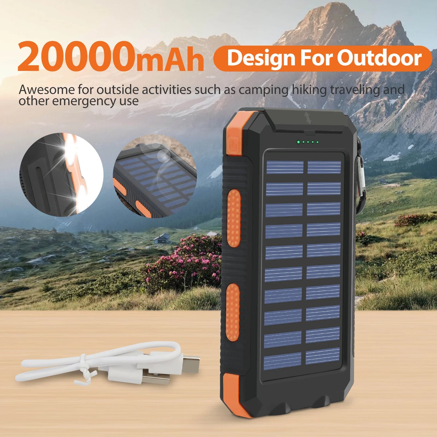 20000mAh Solar Charger Waterproof Portable Solar Power Bank Dual 5V USB Ports 2 LED Flashlight Compass for Outdoor Camping Hik