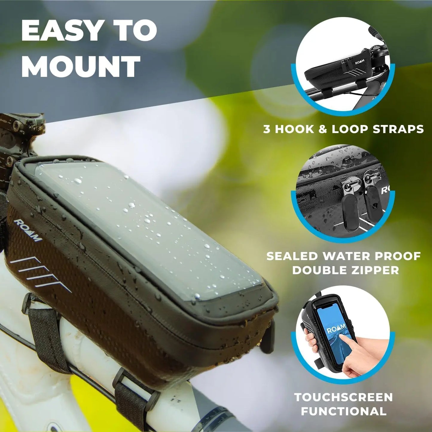 Universal Bike Phone Holder with Waterproof Case - Fits Phones Up to 4' x 7' - Velcro Mount, Full Touchscreen - Black