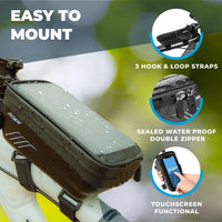 Universal Bike Phone Holder with Waterproof Case - Fits Phones Up to 4' x 7' - Velcro Mount, Full Touchscreen - Black